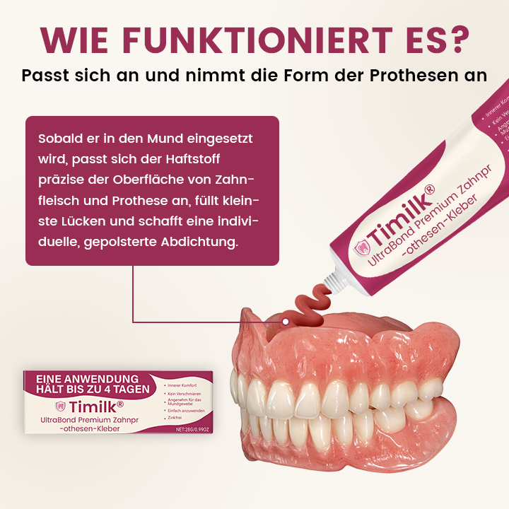 Timilk® UltraBond Premium Zahnprothesen-Kleber 🔥FDA-zertifiziert (Klinisch erwiesener 4-Tage-Halt für sicheren, komfortablen und zinkfreien Sitz der Prothese 🦷)-1
