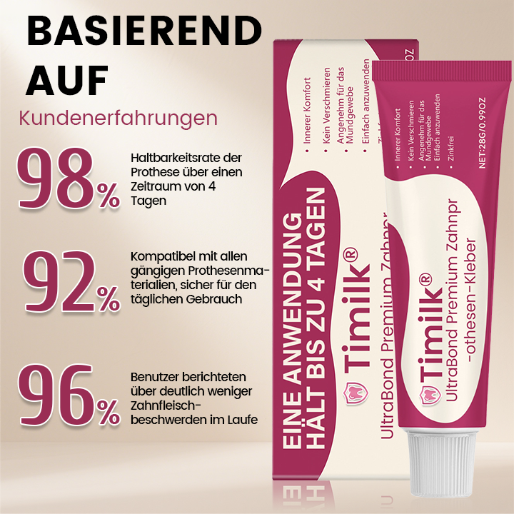 Timilk® UltraBond Premium Zahnprothesen-Kleber 🔥FDA-zertifiziert (Klinisch erwiesener 4-Tage-Halt für sicheren, komfortablen und zinkfreien Sitz der Prothese 🦷)-1